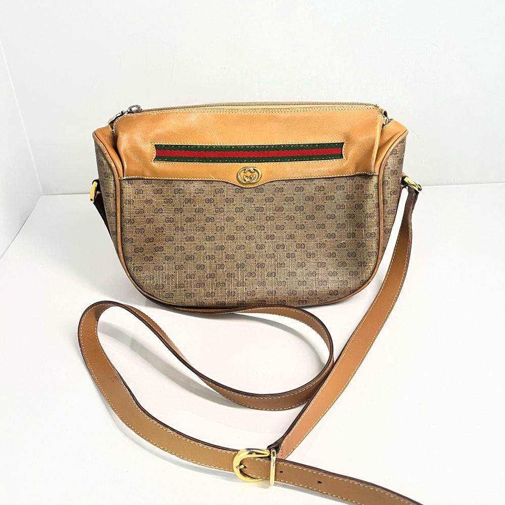 Gucci Brown GG Canvas and Tan Leather Crossbody with Web Stripe